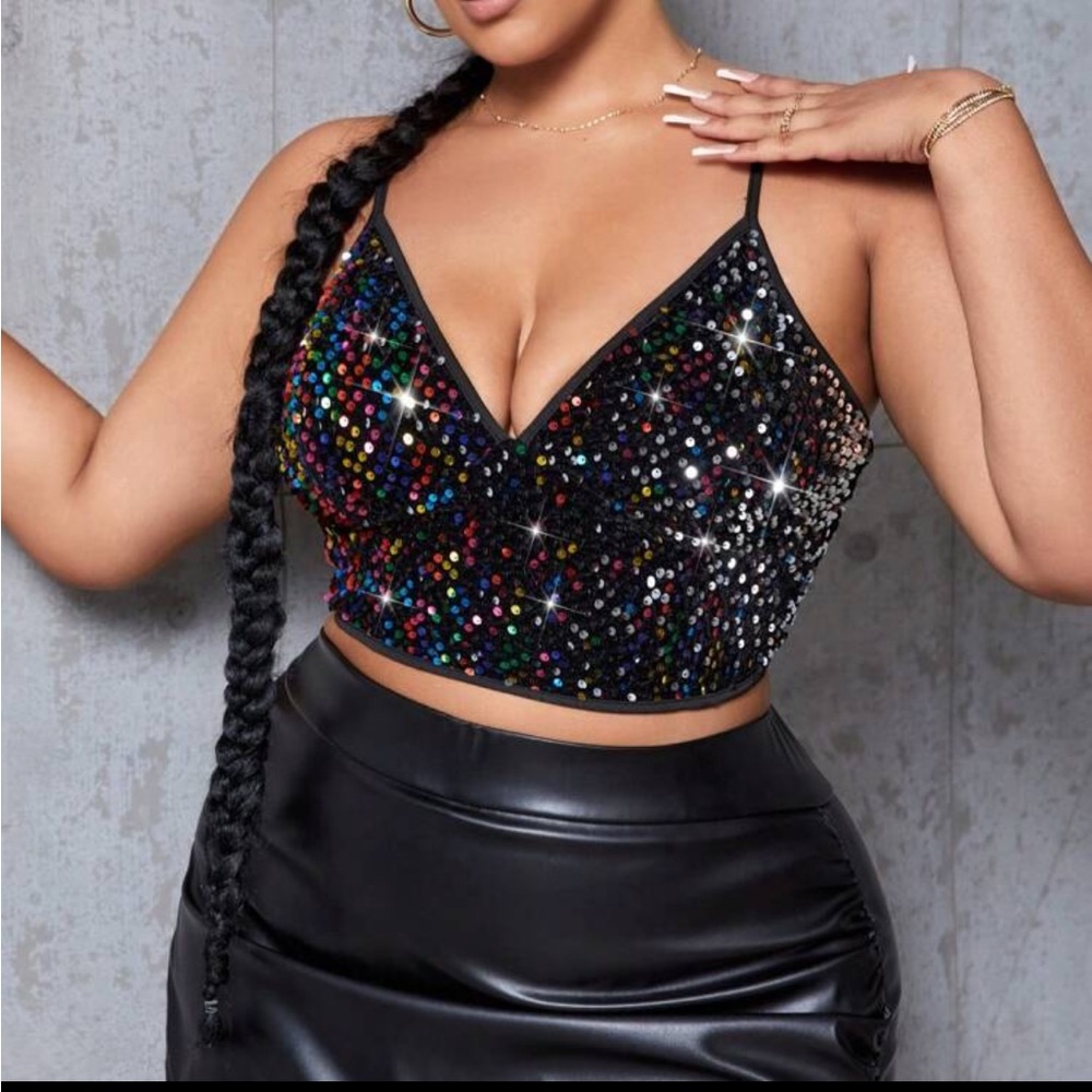 Luxe Plus Size Velvet Sequin Embellished Black Crop Top Camisole Cami Bralette